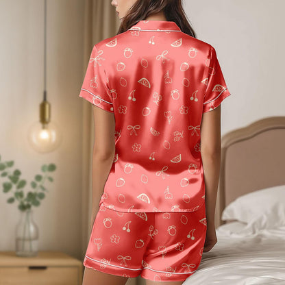 Strawberry Fruit Satin Pajama Set, Coral Summer Sleepwear for Women, Cute Fruit Print Matching Loungewear PJs