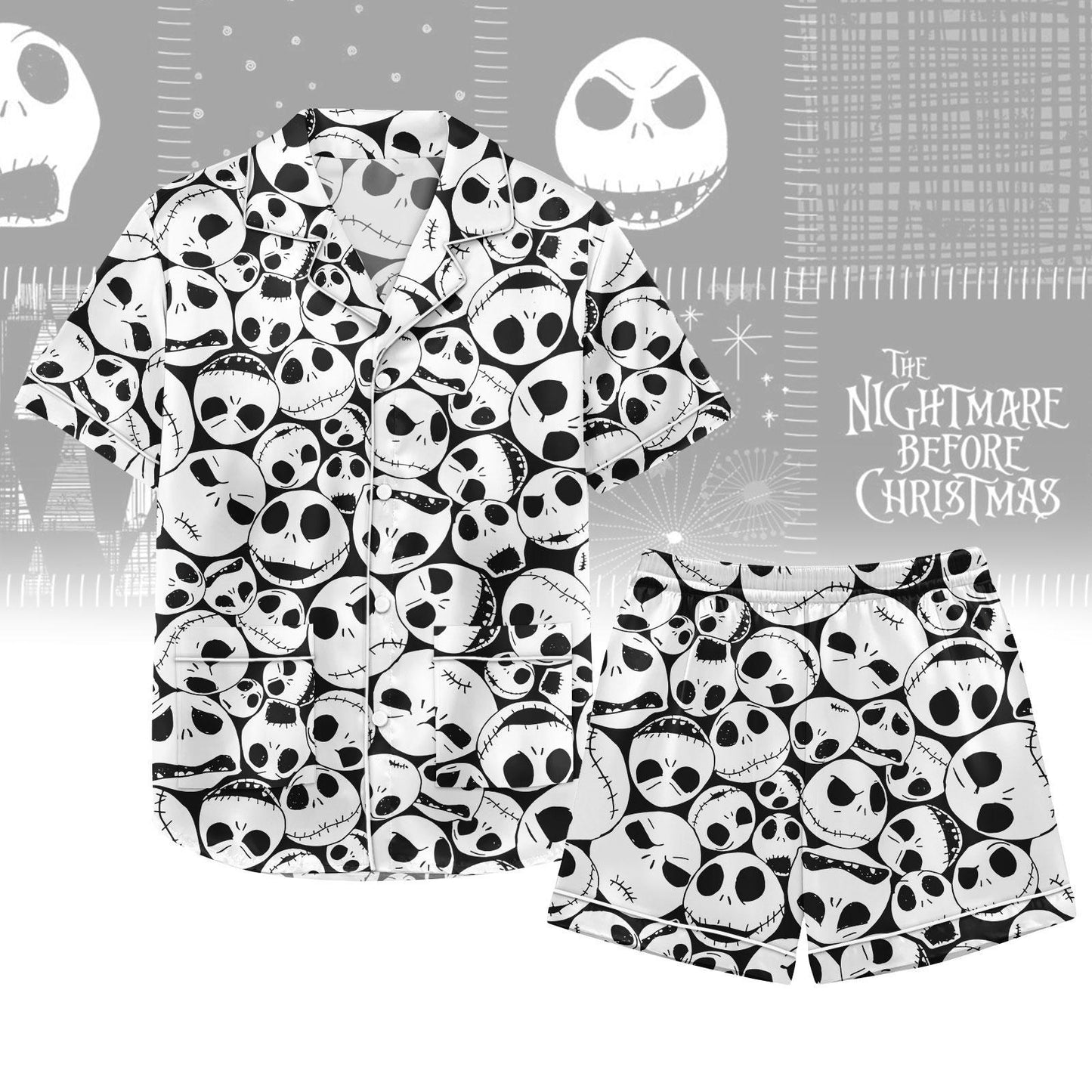 Jack Skellington Satin Pajama Set, Halloween Cartoon Sleepwear, Nightmare Before Christmas Costume PJs for Women Men