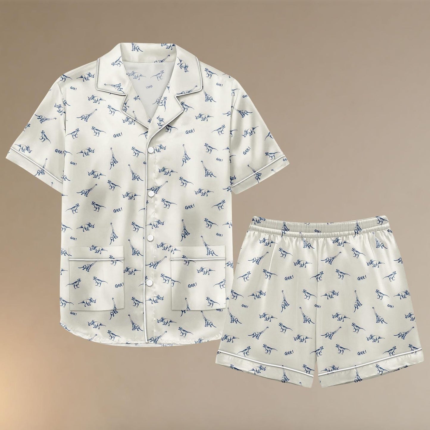 Dinosaur Satin Pajamas Set, Minimal Sleepwear, Dinosaur Minimal Loungewear, Soft Satin Summer PJs. Gift For Women