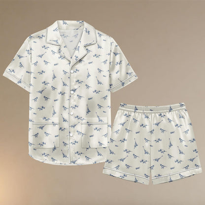 Dinosaur Satin Pajamas Set, Minimal Sleepwear, Dinosaur Minimal Loungewear, Soft Satin Summer PJs. Gift For Women