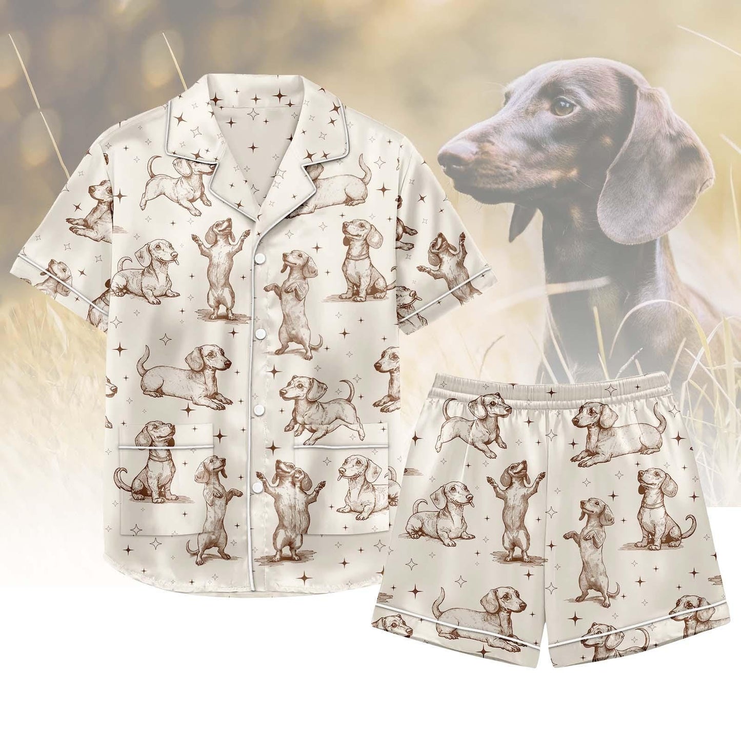 Dachshund Satin Pajamas Set, Dog Sleepwear for Dog Lovers, Cute Cartoon Shirt and Shorts Loungewear
