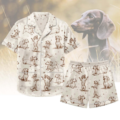 Dachshund Satin Pajamas Set, Dog Sleepwear for Dog Lovers, Cute Cartoon Shirt and Shorts Loungewear