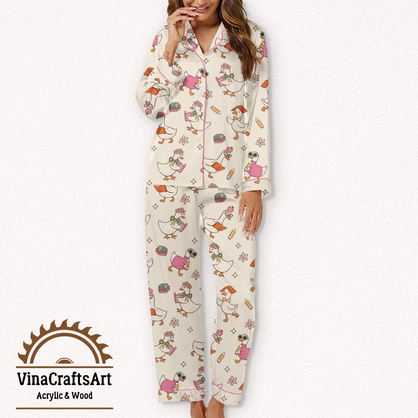 Back to School Goose Pajama Set, Cute Cartoon Duck Sleepwear, Teacher Gift, Study Lover Lounge Set, Funny Nightwear for Women