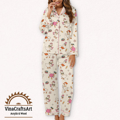 Back to School Goose Pajama Set, Cute Cartoon Duck Sleepwear, Teacher Gift, Study Lover Lounge Set, Funny Nightwear for Women