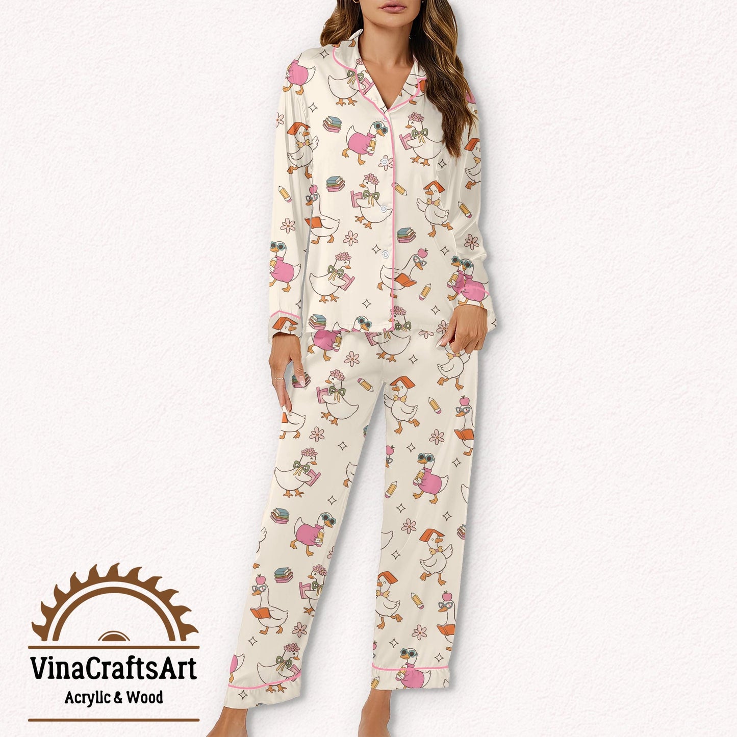 Back to School Goose Pajama Set, Cute Cartoon Duck Sleepwear, Teacher Gift, Study Lover Lounge Set, Funny Nightwear for Women