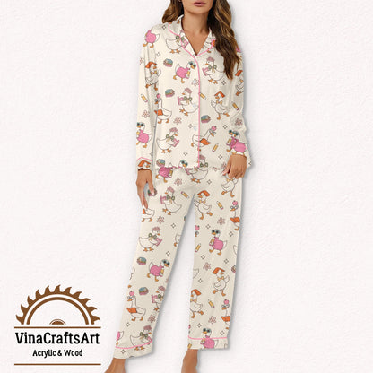 Back to School Goose Pajama Set, Cute Cartoon Duck Sleepwear, Teacher Gift, Study Lover Lounge Set, Funny Nightwear for Women