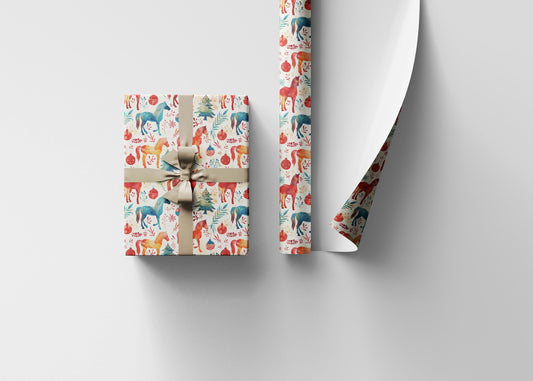 Winter Horse Print Wrap, Equestrian Xmas Wrapping Paper, Holiday Cowgirl Gift Paper, Festive Horse Lover Wrap, Riding Present Sheet