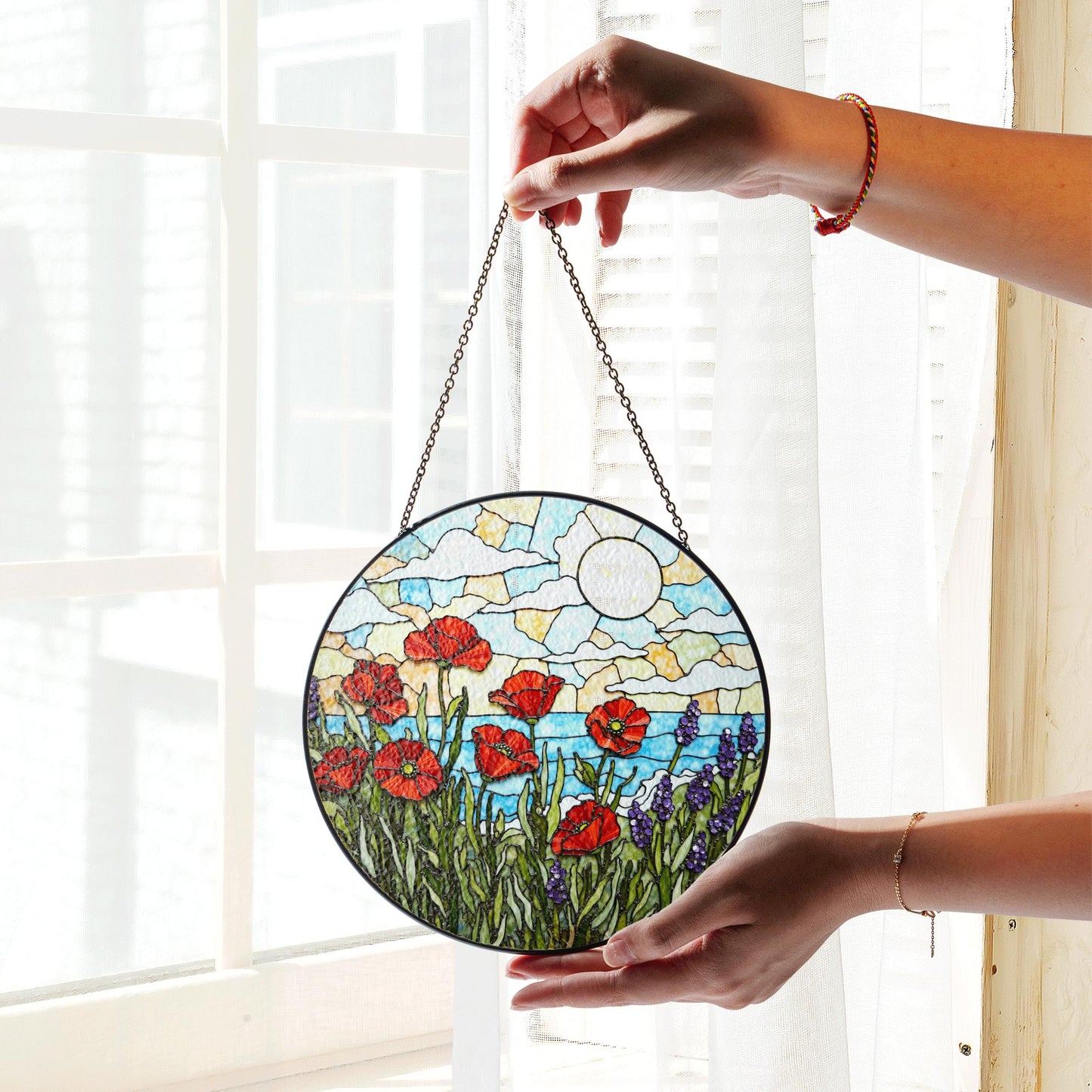Red poppies lavender field stained glass suncatcher floral decor gift for mom birthday