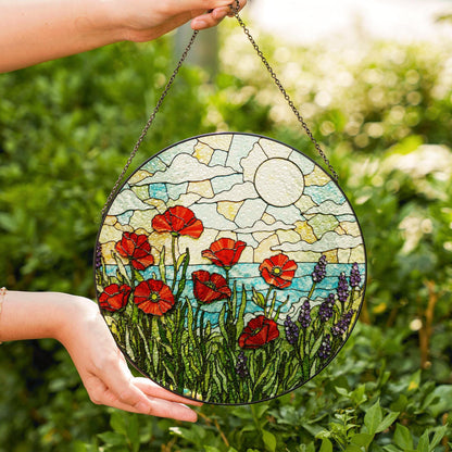 Red poppies lavender field stained glass suncatcher floral decor gift for mom birthday