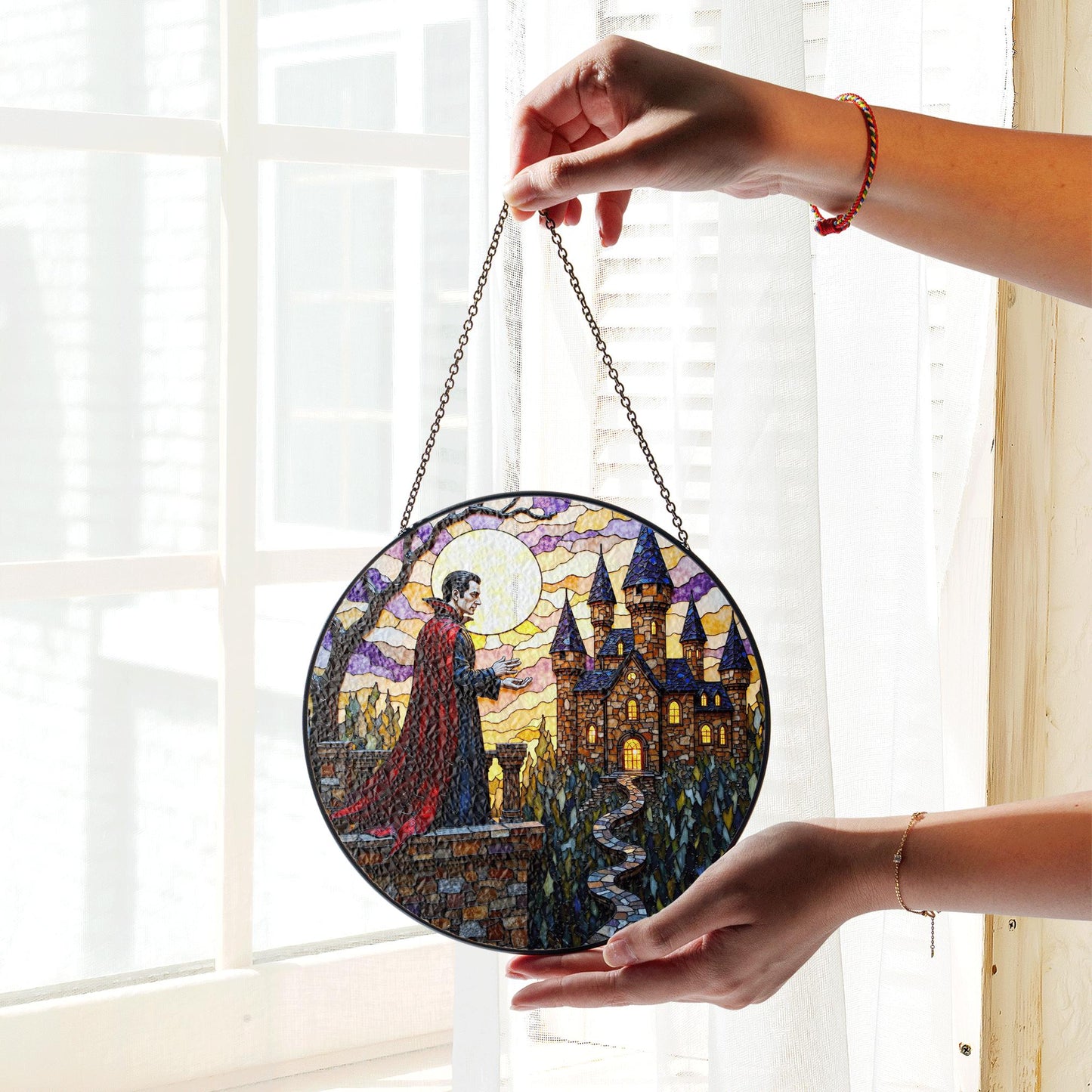 Vampire Castle Stained Glass Suncatcher Gothic Window Decor Halloween Gift for Horror Lovers