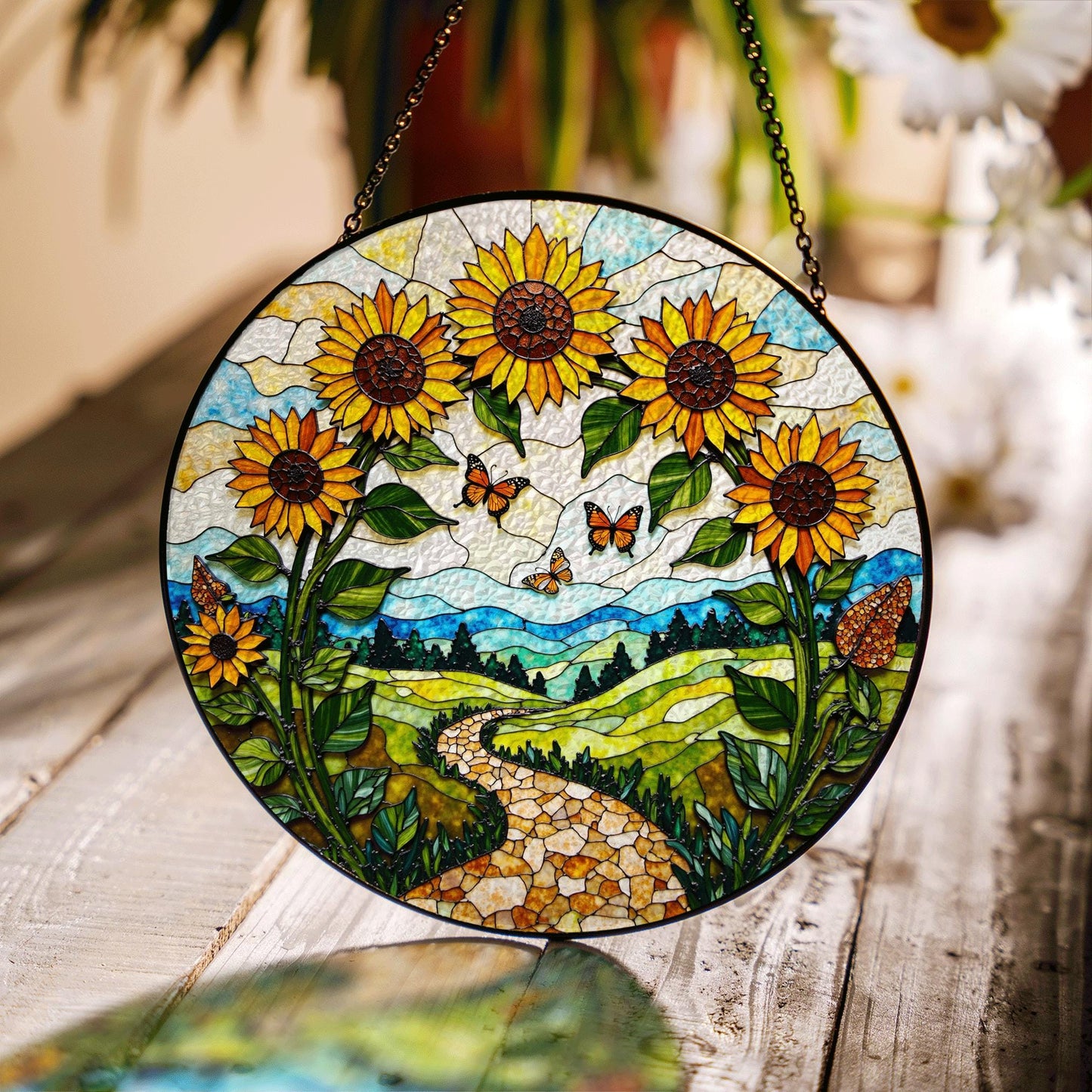 Sunflowers butterflies path stained glass suncatcher nature window decor mothers day gift