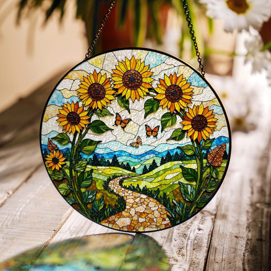 Sunflowers butterflies path stained glass suncatcher nature window decor mothers day gift
