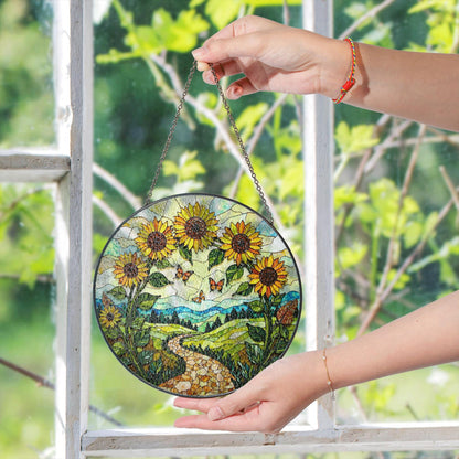 Sunflowers butterflies path stained glass suncatcher nature window decor mothers day gift