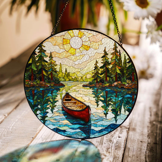 Canoe on Forest Lake Stained Glass Suncatcher Window Hanging Rustic Cabin Decor Gift for Nature Lovers