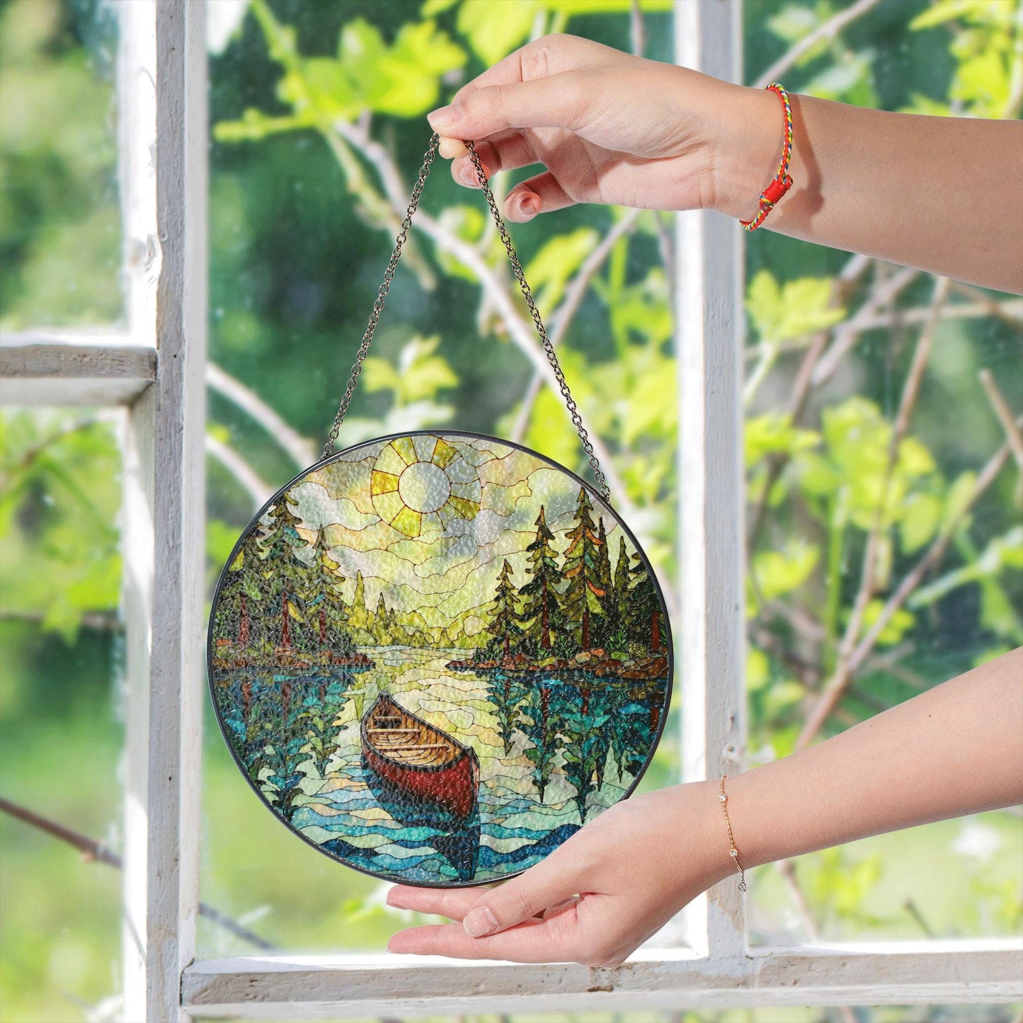 Canoe on Forest Lake Stained Glass Suncatcher Window Hanging Rustic Cabin Decor Gift for Nature Lovers