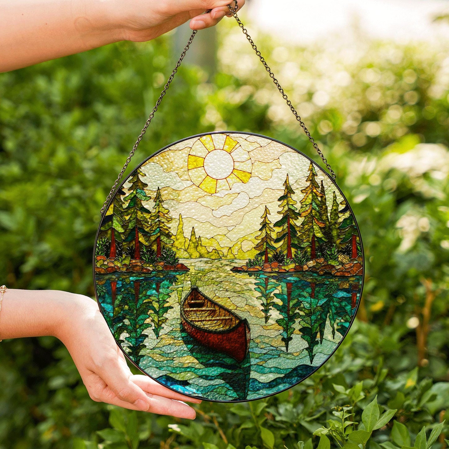 Canoe on Forest Lake Stained Glass Suncatcher Window Hanging Rustic Cabin Decor Gift for Nature Lovers