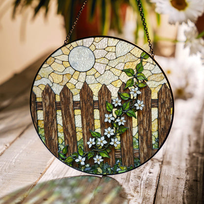 Rustic wooden fence with white flowers stained glass suncatcher gift for nature lovers