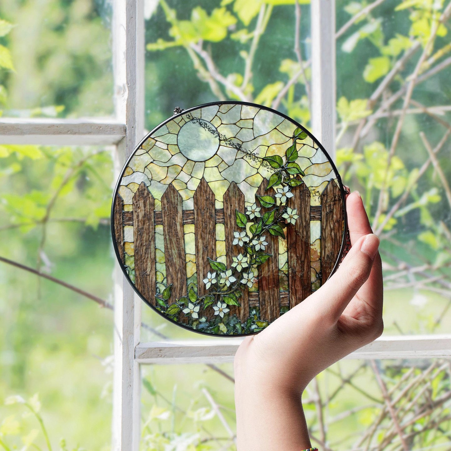 Rustic wooden fence with white flowers stained glass suncatcher gift for nature lovers