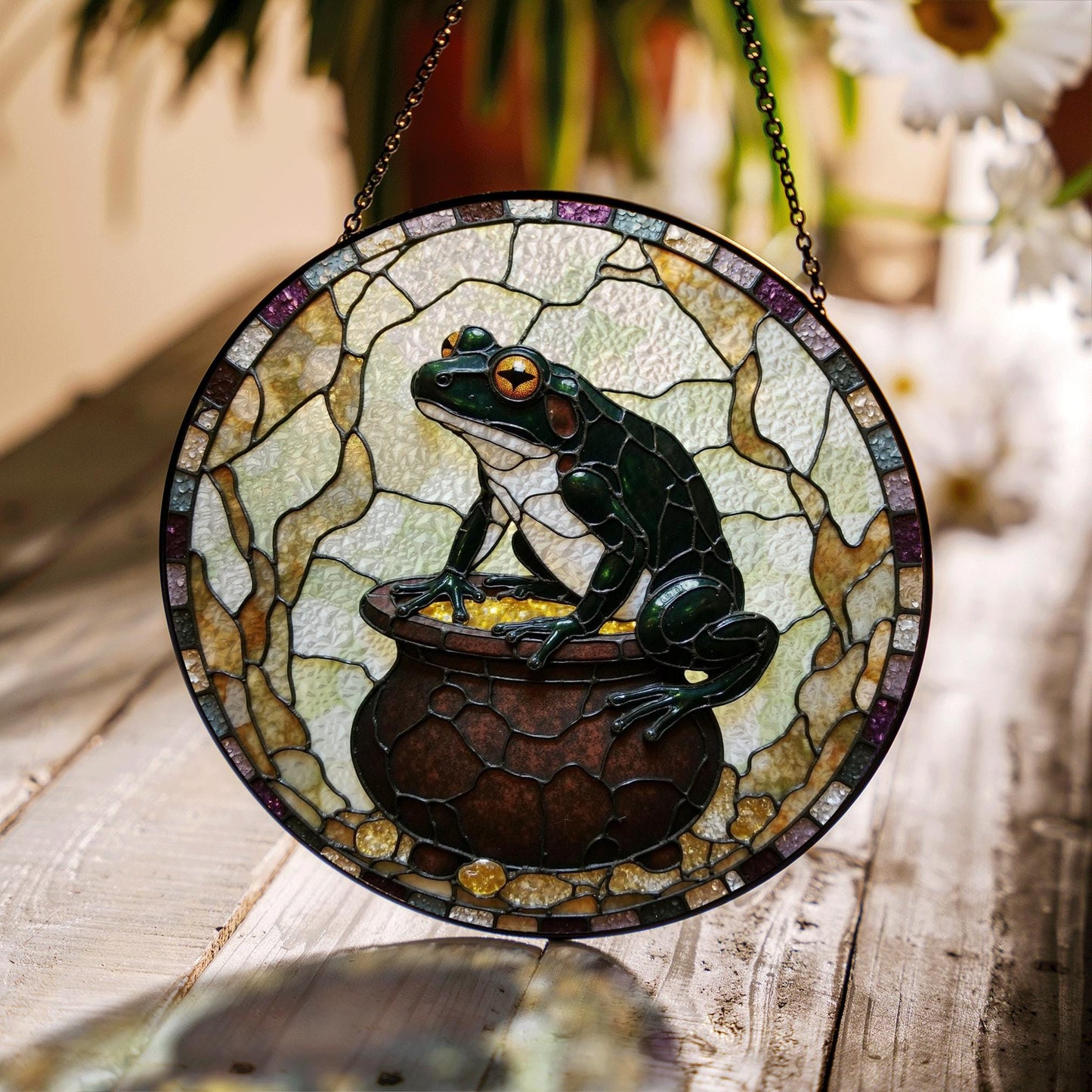 Frog with gold cauldron stained glass suncatcher witchy window decor Halloween gift for frog lover