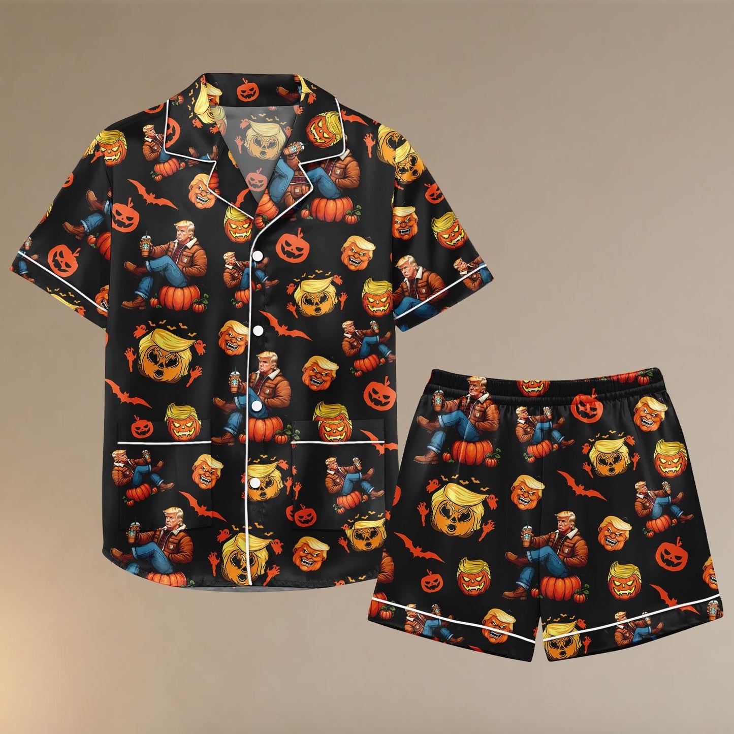 Pumpkin Head Satin Pajamas, Funny Halloween Sleep Set, Trump Pajama set, Trump Halloween Pajamas Short, Gift For Her, Sleepwear Gift