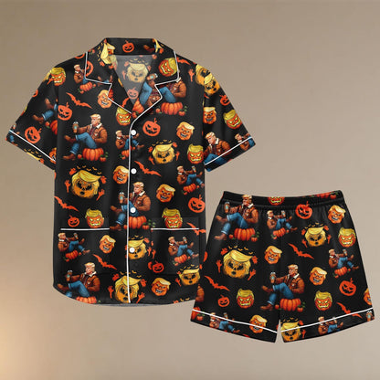 Pumpkin Head Satin Pajamas, Funny Halloween Sleep Set, Trump Pajama set, Trump Halloween Pajamas Short, Gift For Her, Sleepwear Gift