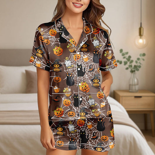 Halloween Black Cat Satin Pajamas, Ghost Pumpkin Sleepwear, Cute Spooky Halloween Shirt, Halloween Sleepwear, Gift For Her