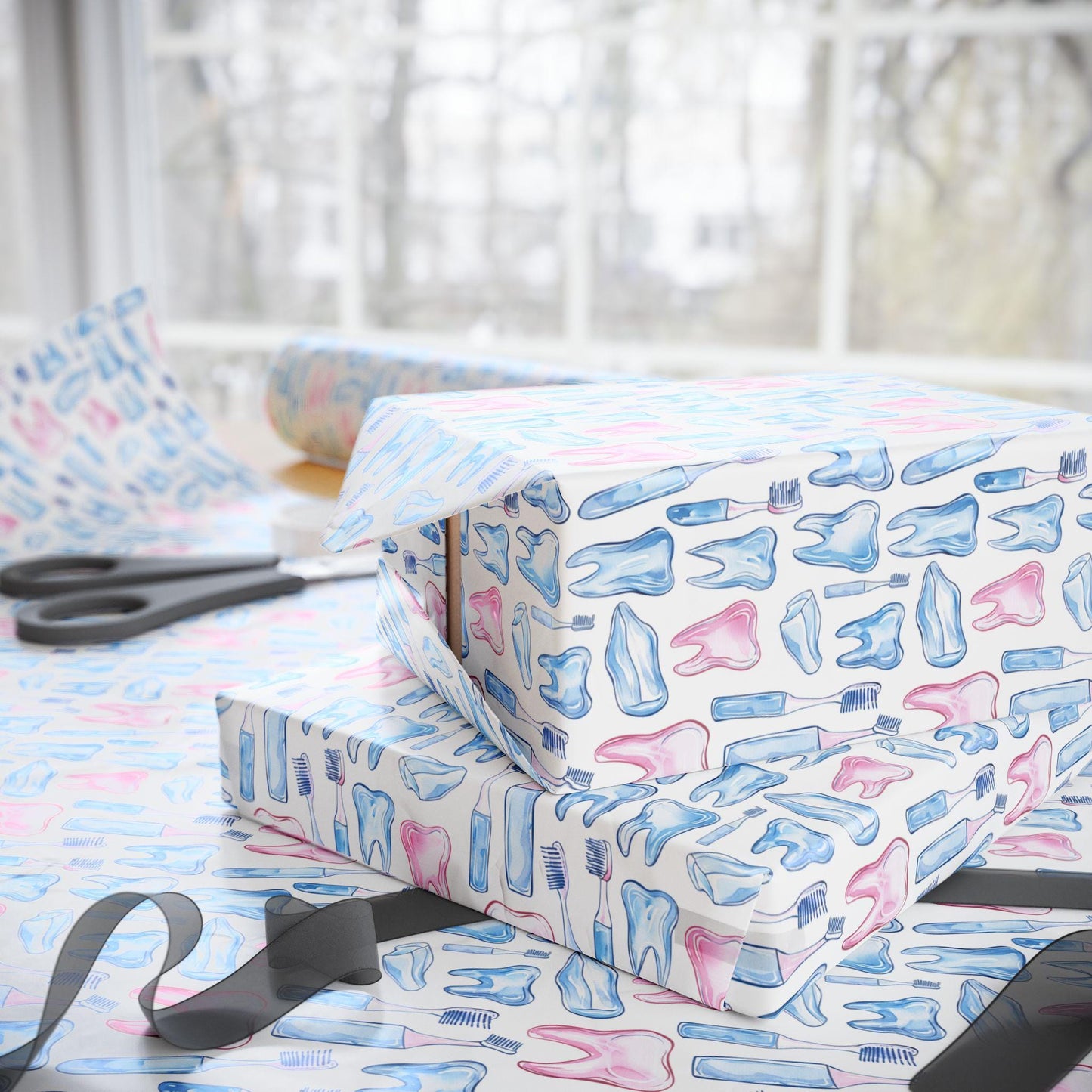 Dental Clinic Wrapping Paper, Tooth Design Gift Wrap, Orthodontist Print Fun Gift Wrap for Dental Office Dentist and Hygienists