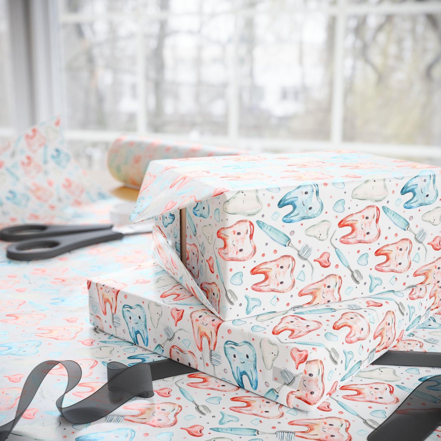Professional Dentist Gift Wrap, Tooth Pattern Paper, Office Use Fun Gift Wrap for Dental Office Dentist and Hygienists