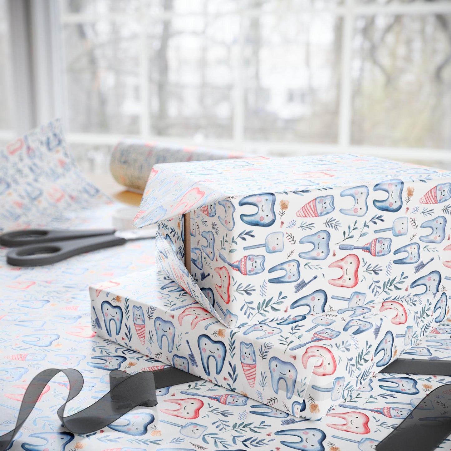 Elegant Dentist Wrapping Paper, Minimal Tooth Gift Wrap Fun Gift Wrap for Dental Office Dentist and Hygienists