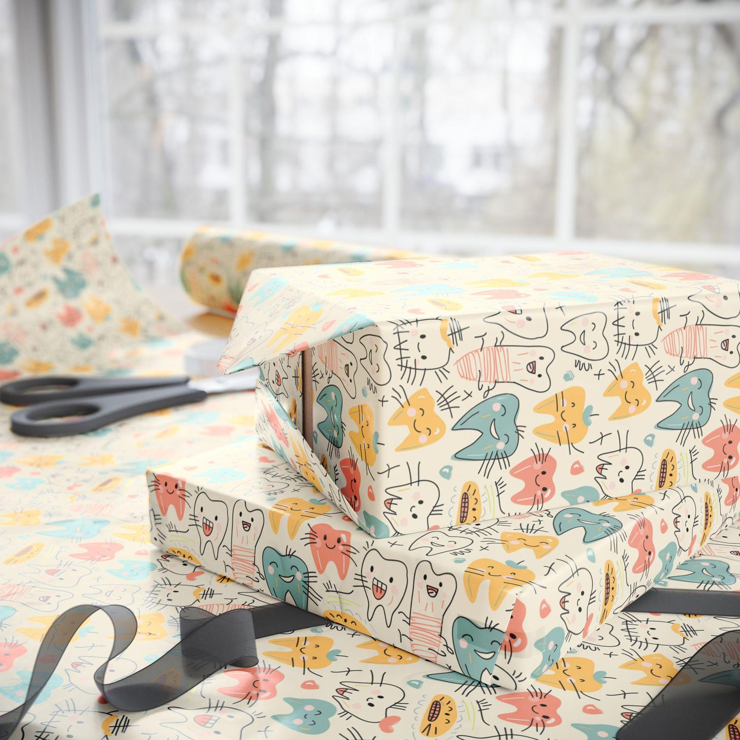 Dentist Wrapping Paper, Tooth Pattern Gift Wrap, Orthodontist Print Design Fun Gift Wrap for Dental Office Dentist and Hygienists