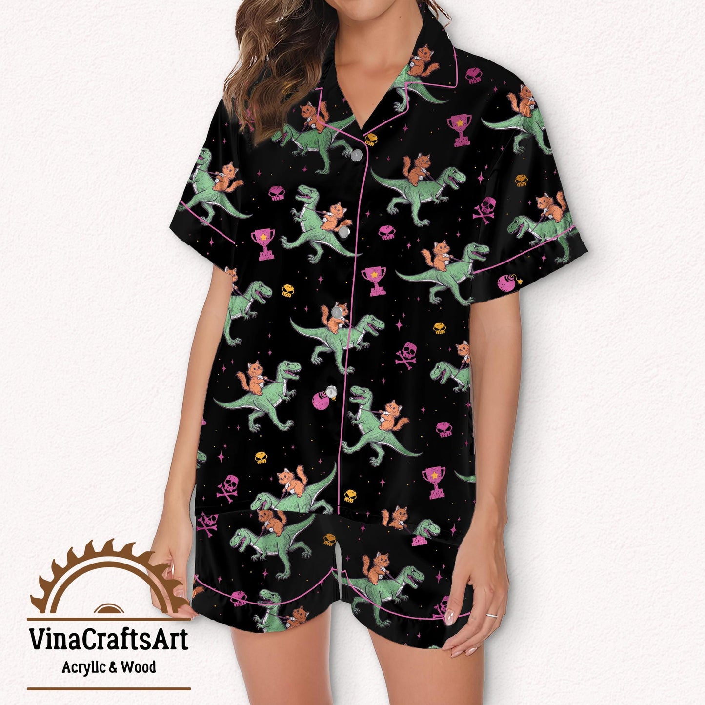 Princess Donut & Mongo Pajamas Set, Dungeon Crawler Carl Long Sleeve Pajamas, Funny Cat Dinosaur Sleepwear, Cozy Gamer Gift