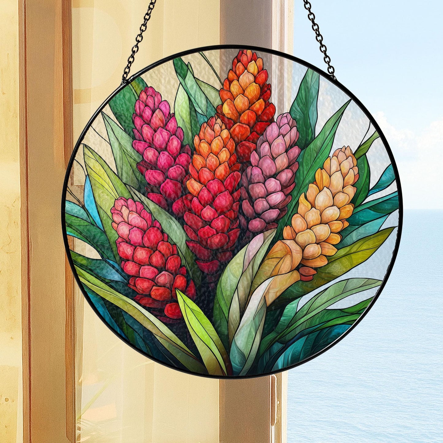 Tropical Ginger Flower Stained Glass Suncatcher, Tropical Home Style, Gift for Gardeners, Nature Lovers Gift, Tropical Ginger Lovers Gift