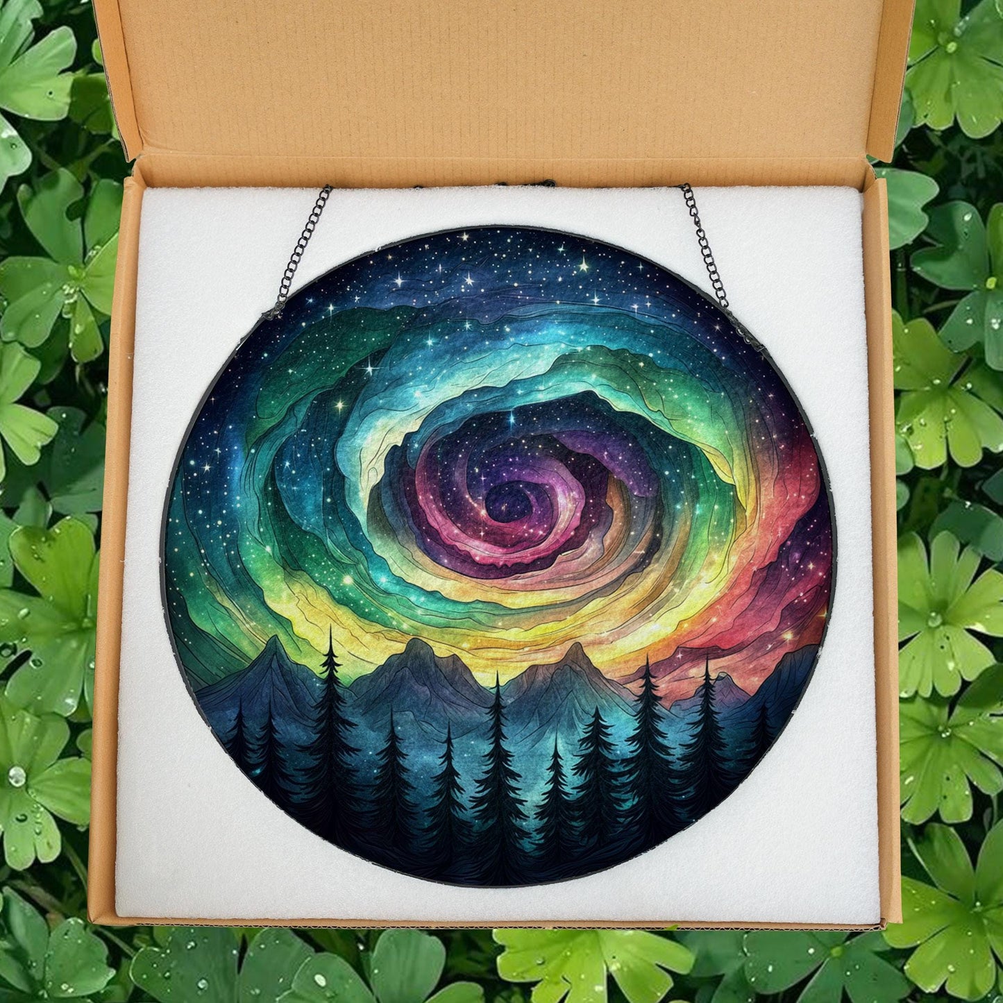 Galaxy Swirl Stained Glass Suncatcher – Rainbow Night Sky Window Hanging with Forest and Stars, Cosmic Art Decor for Nature or Space Lovers