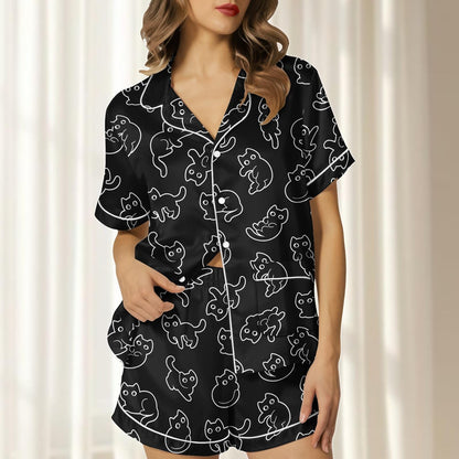 Black Cat Satin Pajamas Short Set, Funny Cat Matching Pjs, Funny Animal Womens Lounge Set, Kawaii Pet Nightwear, Birthday Gift For Her