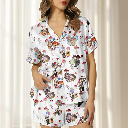 Carl And Ellie Satin Pajamas Short Set, Up Women Sleepwear, Cute Couple Pjs, Cartoon Movie Merch, Matching Pajamas Set, Pixar Fan Gift
