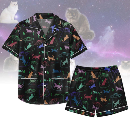Alien Cat Satin Pajamas Short Set, Ufo Women Sleepwear, Funny Sci Fi Pjs, Cat Women Loungewear, Cute Galaxy Cat Pjs, Halloween Gift