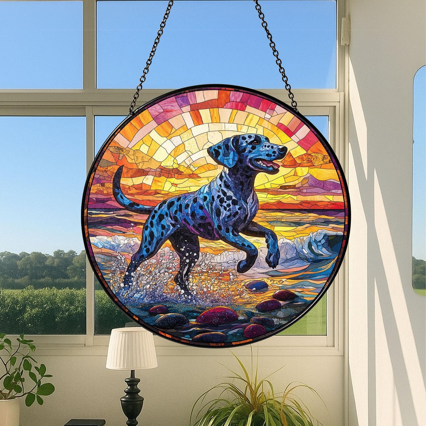 Dalmatian Dog Beach Stained Glass Suncatcher, Dog Memorial Sun Catcher for Pet Lovers, Rainbow Bridge Decor, Beach Window Hanging Glass Art
