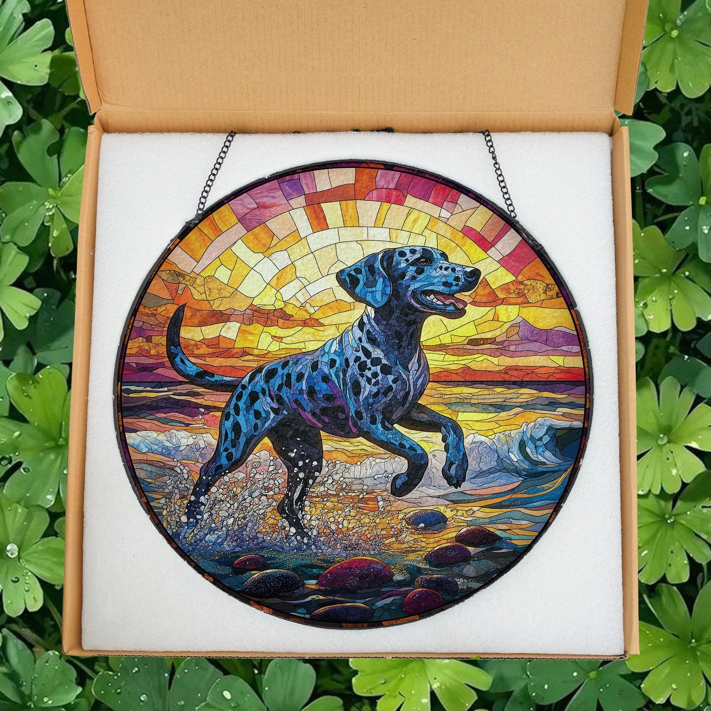 Dalmatian Dog Beach Stained Glass Suncatcher, Dog Memorial Sun Catcher for Pet Lovers, Rainbow Bridge Decor, Beach Window Hanging Glass Art