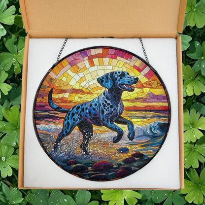Dalmatian Dog Beach Stained Glass Suncatcher, Dog Memorial Sun Catcher for Pet Lovers, Rainbow Bridge Decor, Beach Window Hanging Glass Art