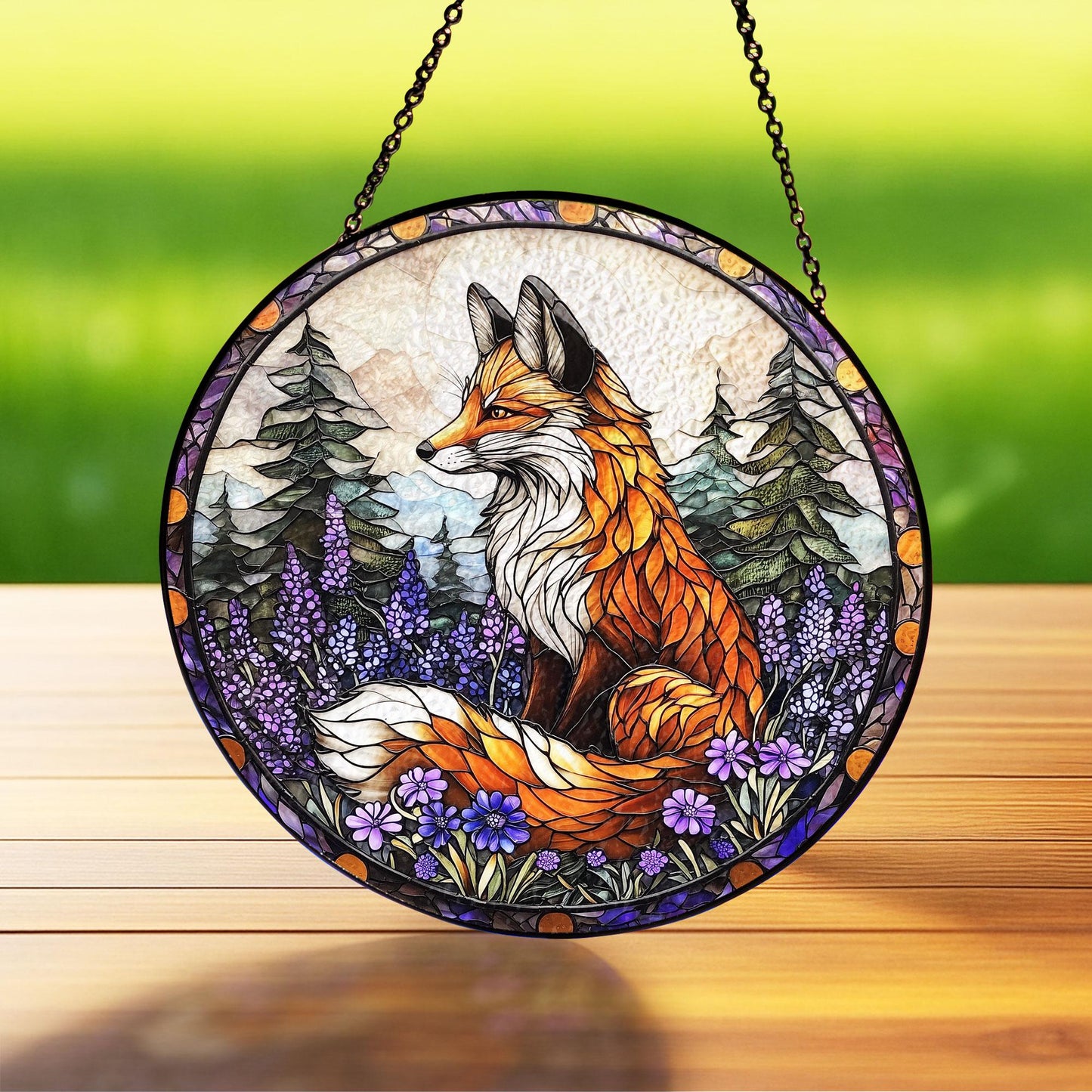 Fox Stained Glass Suncatcher – Woodland with Red Fox and Purple Flowers, Nature Decor, Gift for Forest and Animal Lovers, Forest Wall Decor