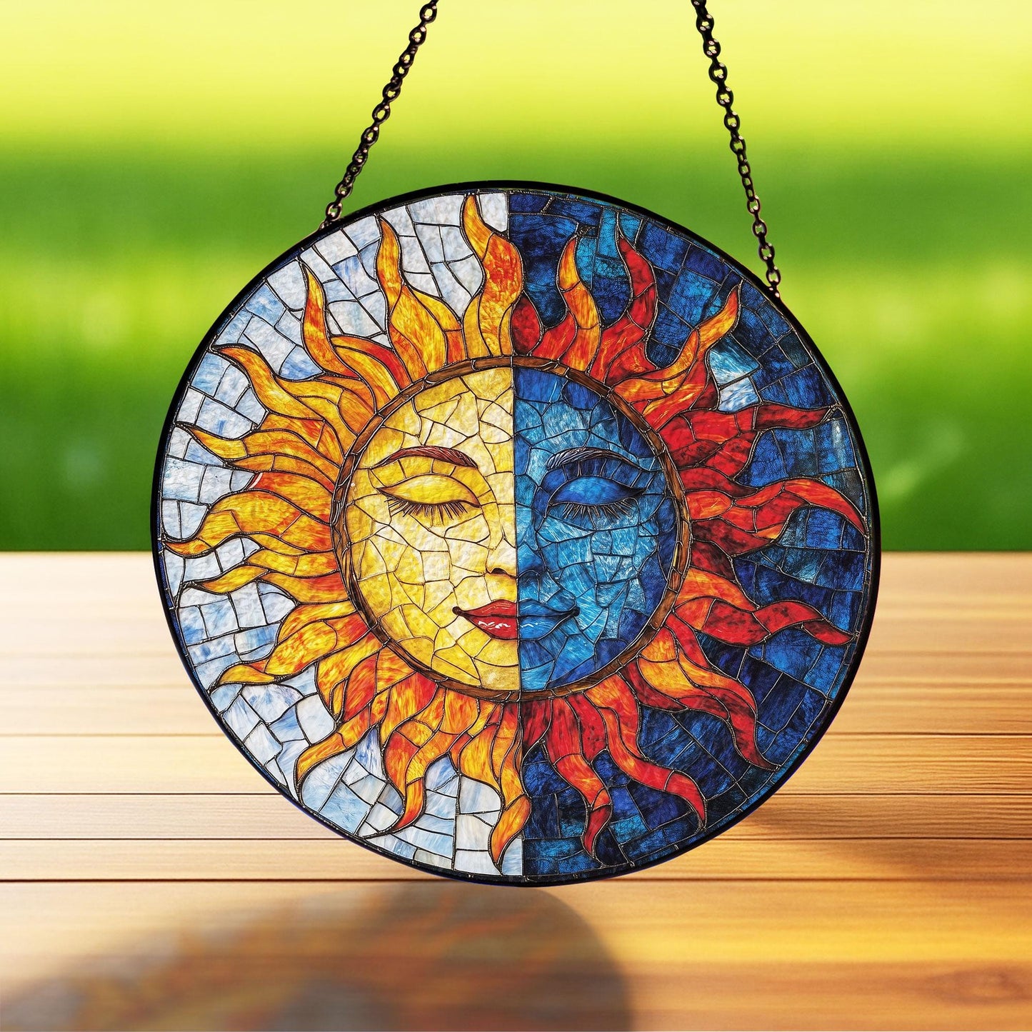 Sun and Moon Face Stained Glass Suncatcher, Celestial Decor for Boho Home, Spiritual Decor, Astrology Lovers Gift, Sun Suncatcher Ornament