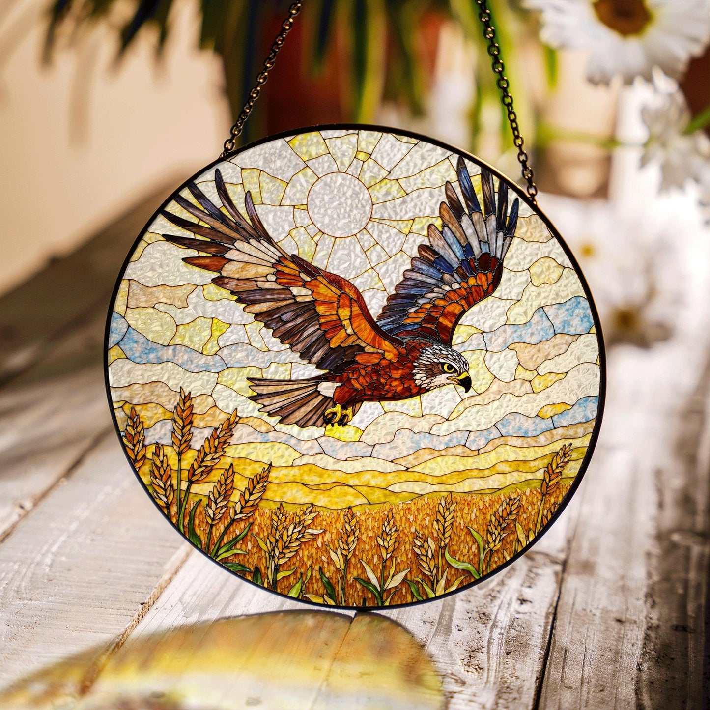 soaring hawk over golden wheat field stained glass suncatcher window decor gift for dad or nature lover