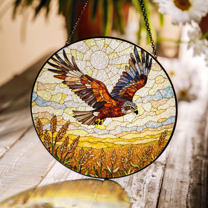 soaring hawk over golden wheat field stained glass suncatcher window decor gift for dad or nature lover