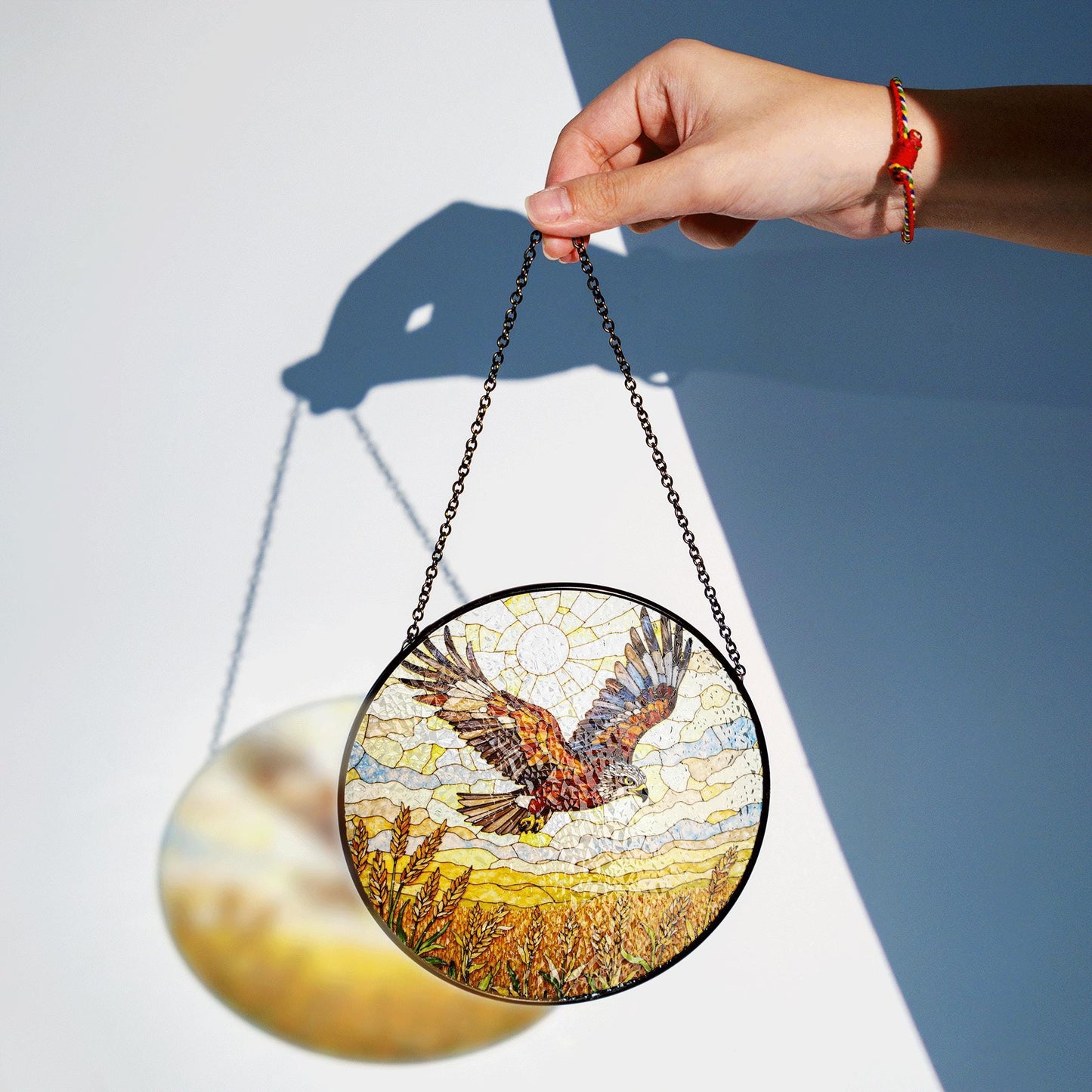 soaring hawk over golden wheat field stained glass suncatcher window decor gift for dad or nature lover