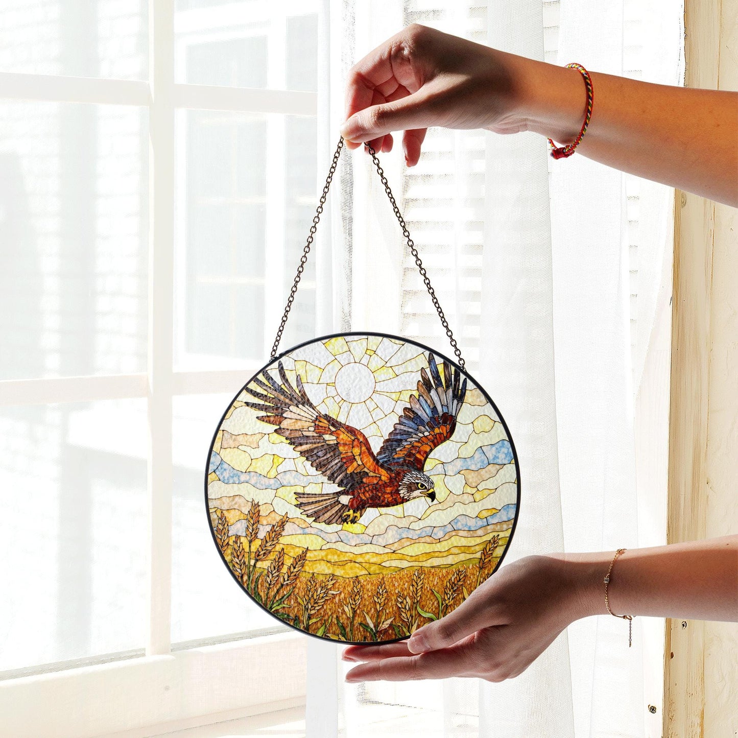 soaring hawk over golden wheat field stained glass suncatcher window decor gift for dad or nature lover