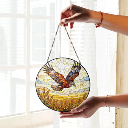 soaring hawk over golden wheat field stained glass suncatcher window decor gift for dad or nature lover