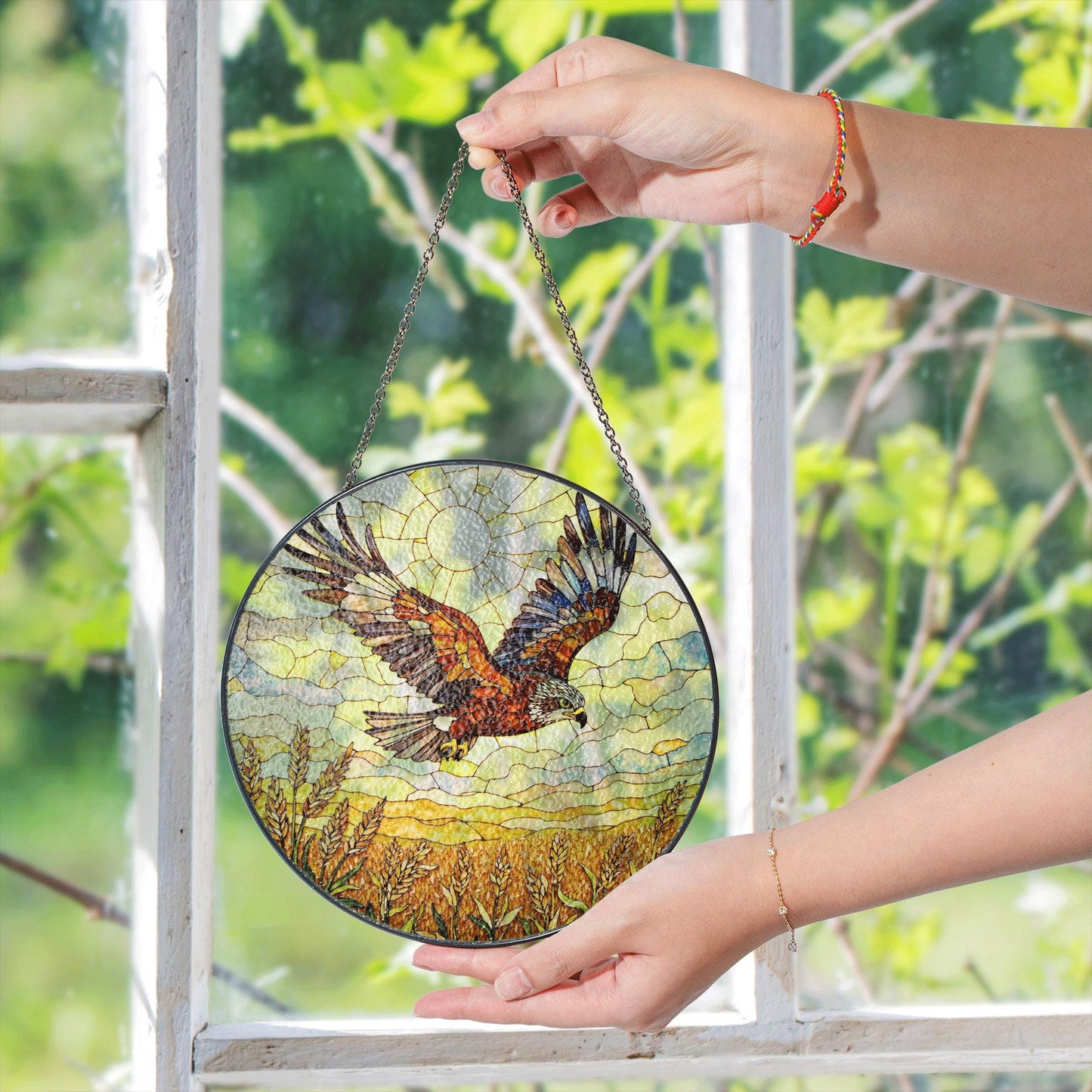 soaring hawk over golden wheat field stained glass suncatcher window decor gift for dad or nature lover