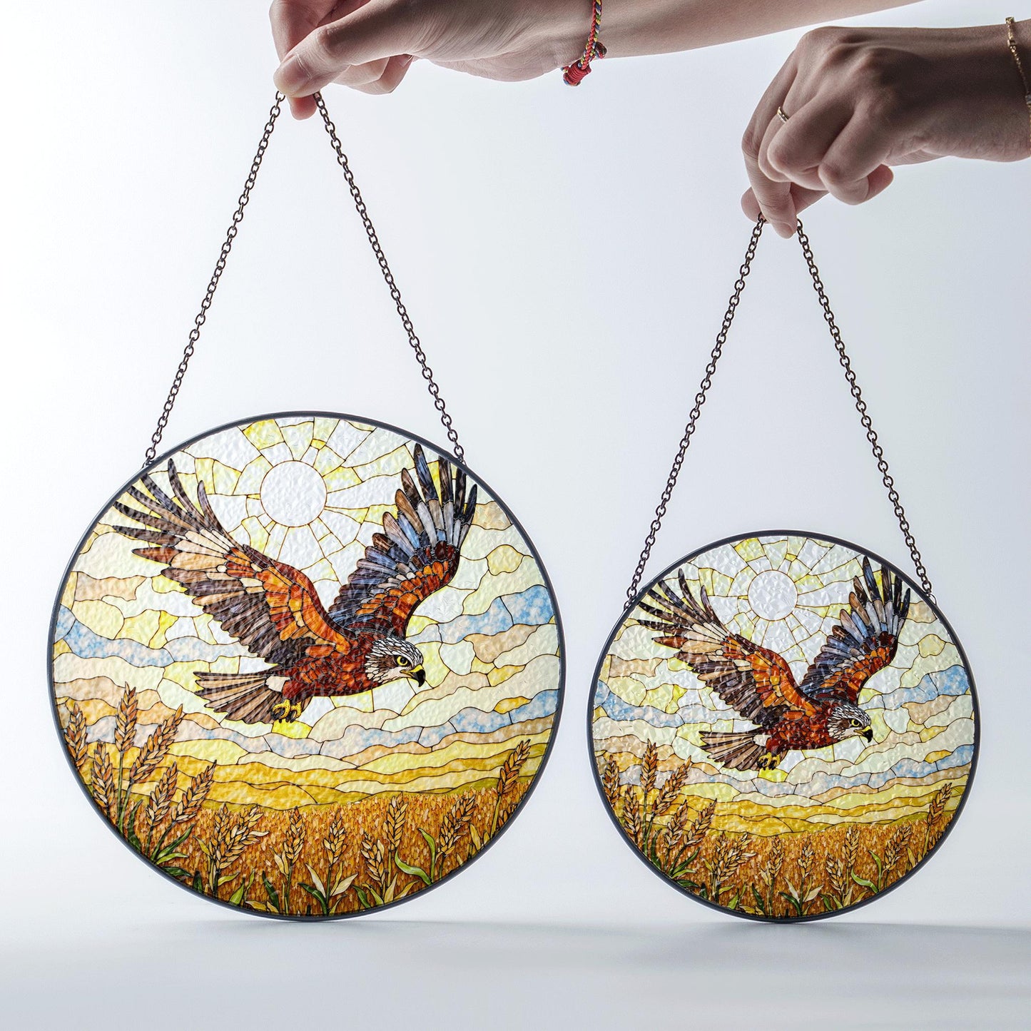soaring hawk over golden wheat field stained glass suncatcher window decor gift for dad or nature lover