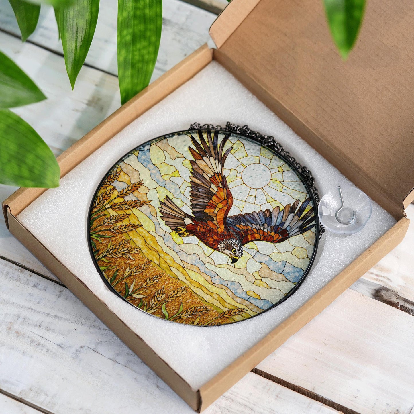 soaring hawk over golden wheat field stained glass suncatcher window decor gift for dad or nature lover