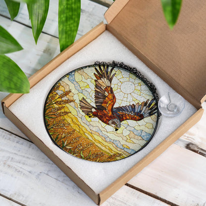 soaring hawk over golden wheat field stained glass suncatcher window decor gift for dad or nature lover